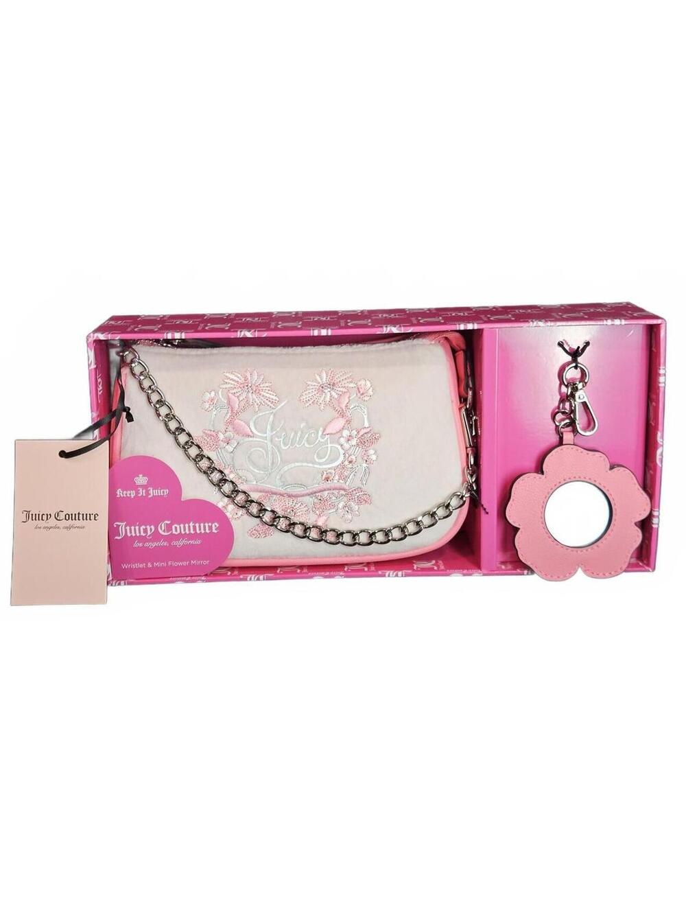 Juicy Couture Pink In Bloom PowderBlush Wristlet Flower Mirror Charm 2 Piece NWT